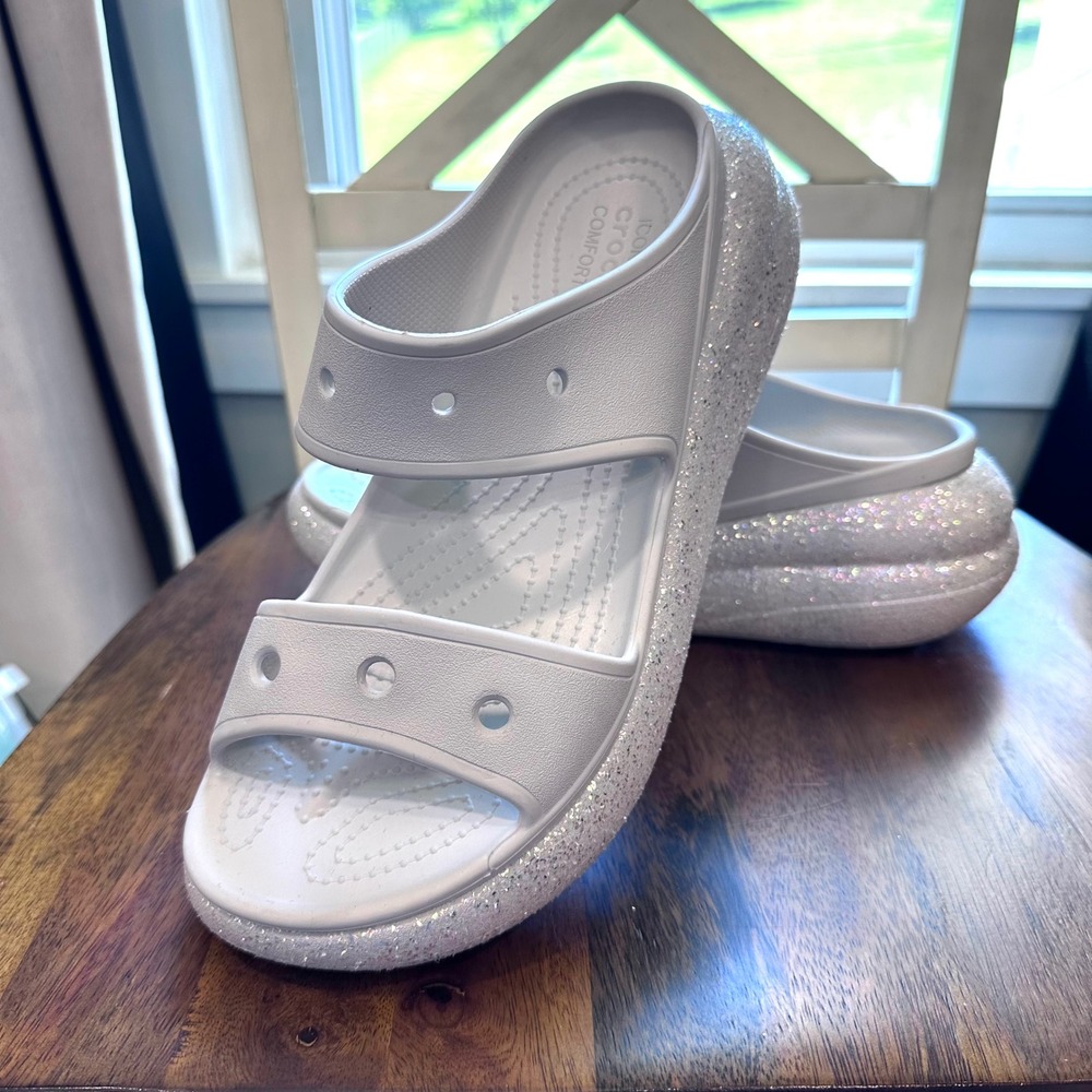 Crocs Classic Crush Glitter Sandals Women 11 Lt Gray Silver Platform Slides - Picture 4 of 14